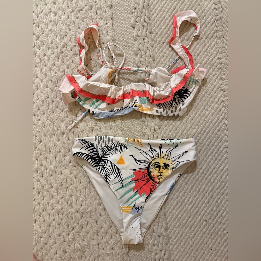 Agua Bendita White and Red Ruffled Bikini